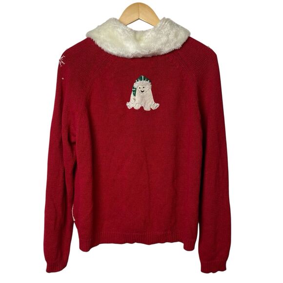 Heirloom Collectibles Polar Bear Snowflake Christmas Sweater L Red Faux Fur Zip - Picture 4 of 9